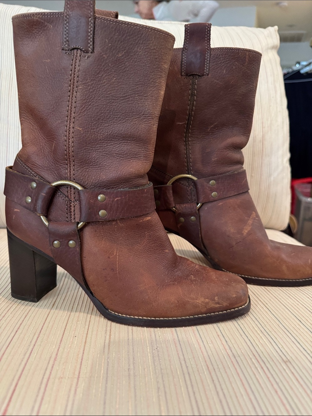 Gianni Bini Brown Leather Mid-Calf Harness Heel Boots 8-1/2
